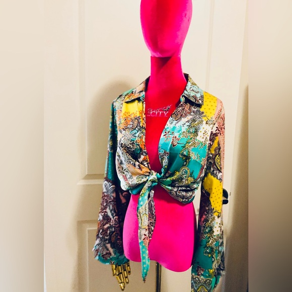 Rachel Zoe green paisley print satin tie front boho blouse size S - Picture 4 of 5